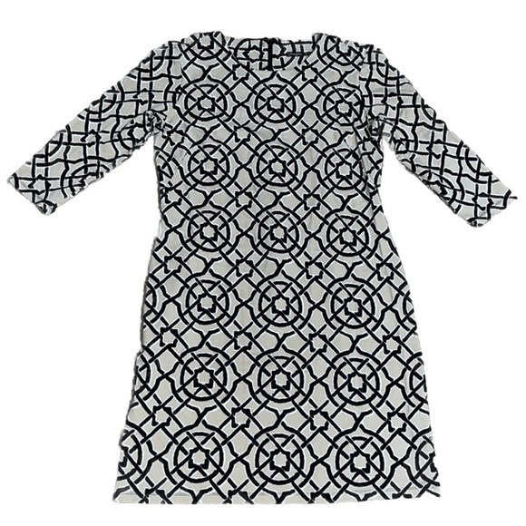 J. McLaughlin Devon 3/4 Sleeve Crew Neck Catalina Cloth Dress Black Tan Scribe M - Picture 2 of 10